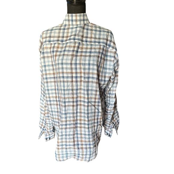 Robert Talbott 100% Linen Plaid Button Up Shirt Blue Brown Long Sleeve Size M - Picture 6 of 10